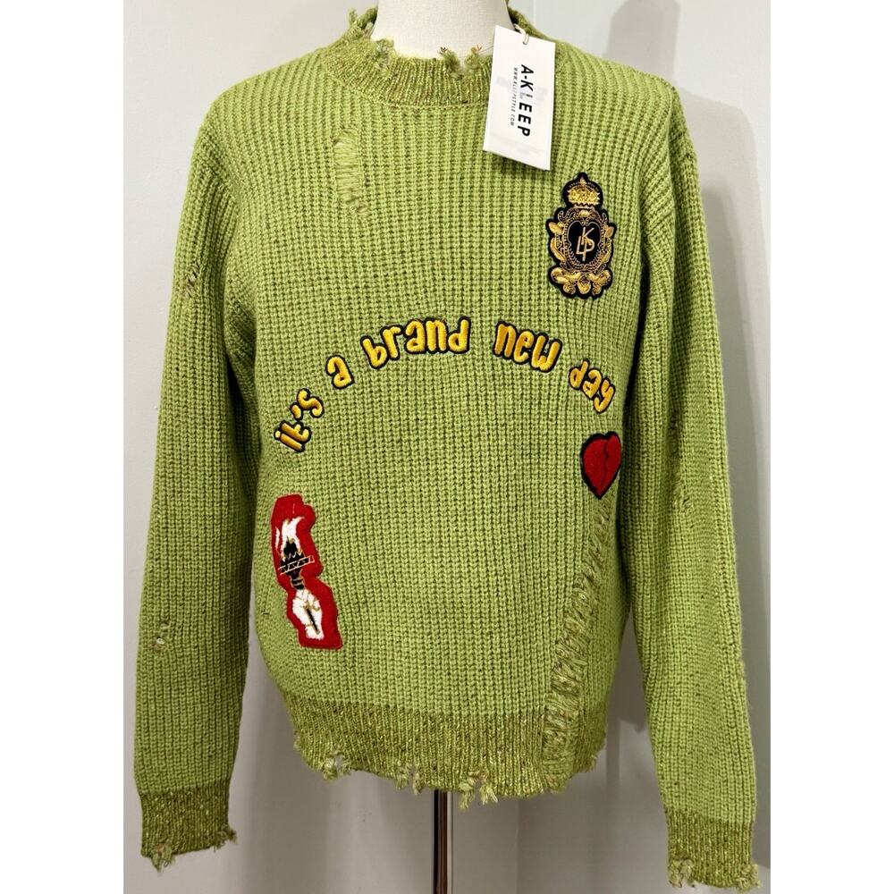 New KLEEP Kelve Heavy Gauge Kelve Ripped Knit Sweater Green Men's Size Small S